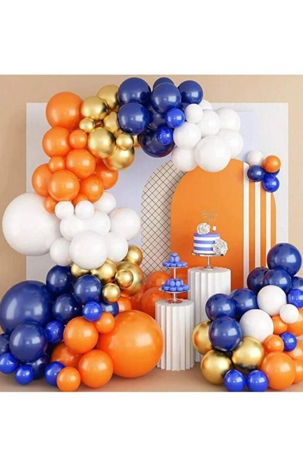 Birthday Concept 100 Balloon Chain Set Navy Blue White Orange Gold Balloon Circumcision 1 Year Birthday