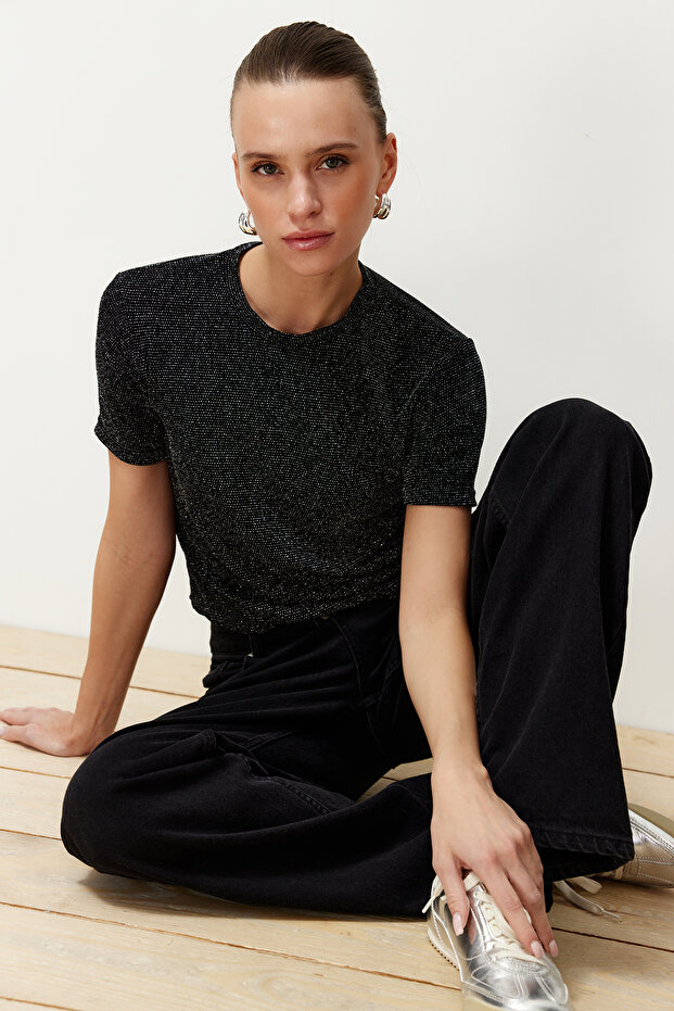 Siyah Parlak/Simli Regular/Normal Kesim Örme T-Shirt TWOSS24TS00259 - 2