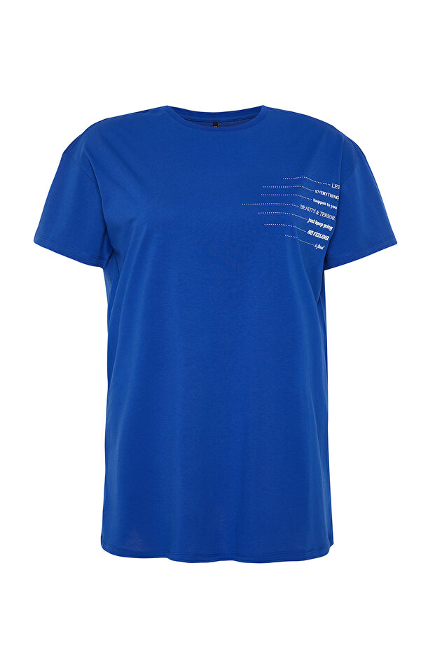 Mavi Bisiklet Yaka slogan Baskılı %100 Pamuk Örme Büyük Beden T-shirt Elbise TBBSS23AH00162 - 7