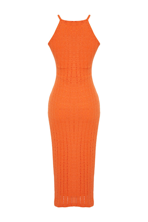 Turuncu Triko Görünümlü Shift/Düz Kesim Halter Yaka Midi Esnek Örme Kalem Elbise TWOSS24EL00594 - 8