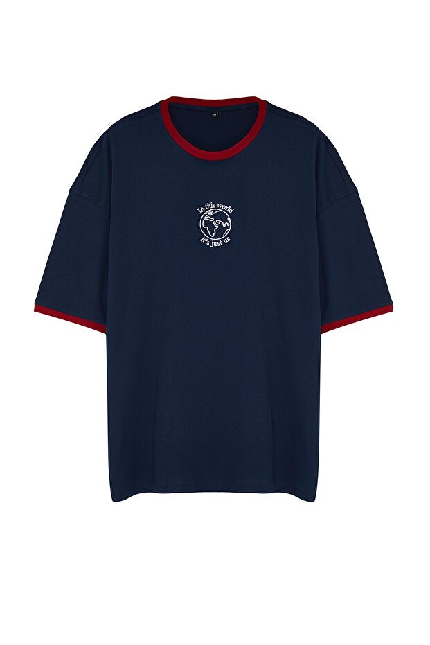 Unisex Large Size Navy Blue Oversize Block Print T-Shirt - Tmnss24Bf00049