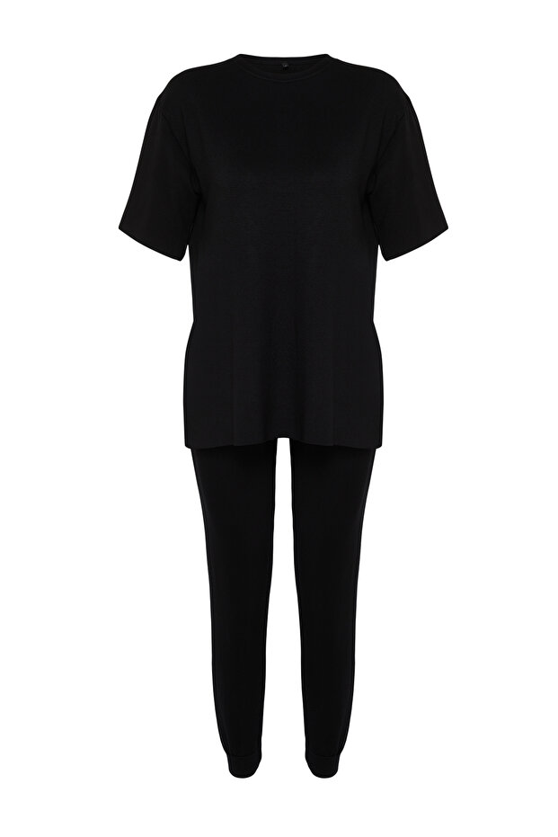 Siyah Bisiklet Yaka Kısa Kol Basic Jogger Örme Bluz Pantolon Alt-Üst Takım TWOSS24AU00120 - 11