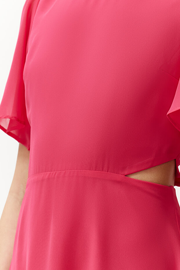 Fuşya Eteği Belden Açılan Cut Out/Pencere Detaylı Mini Dokuma Elbise TWOSS24EL00696 - 4