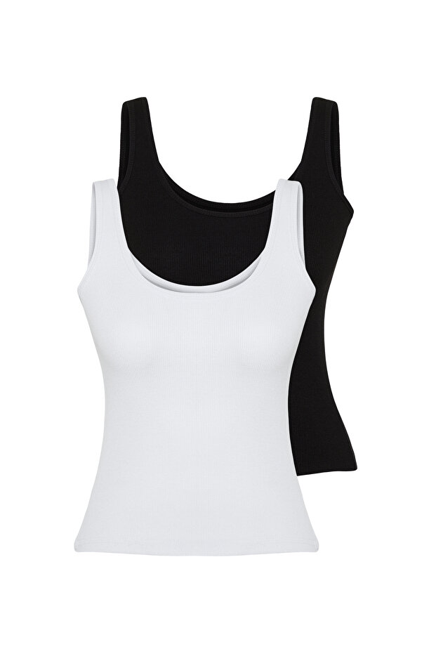 Siyah-Beyaz 2'li Paket Fitted/Vücuda Oturan Havuz Yaka Fitilli Esnek Örme Atlet TWOSS24AL00050 - 14