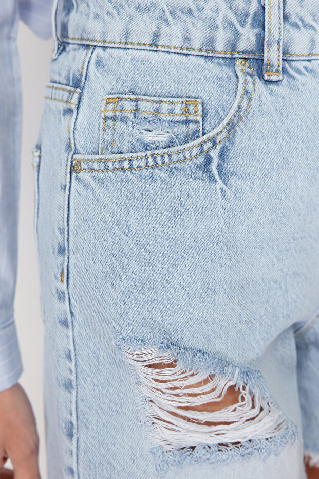 Mavi Yırtıklı Yüksek Bel Denim Şort TWOSS24SR00132 - 5