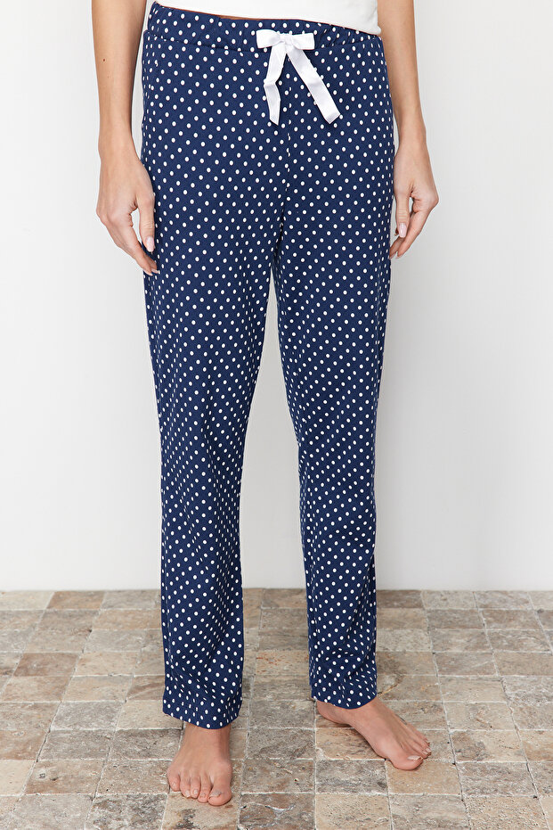 Beyaz-Çok Renkli Pamuklu Puantiyeli Örme Pijama Takımı THMSS24PT00323 - 5