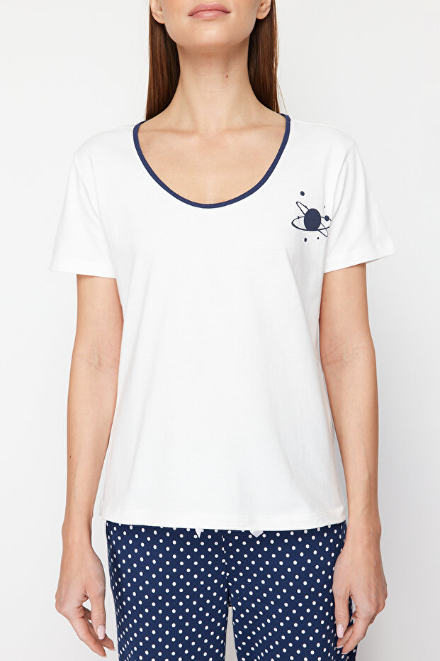 Beyaz-Çok Renkli Pamuklu Puantiyeli Örme Pijama Takımı THMSS24PT00323 - 4