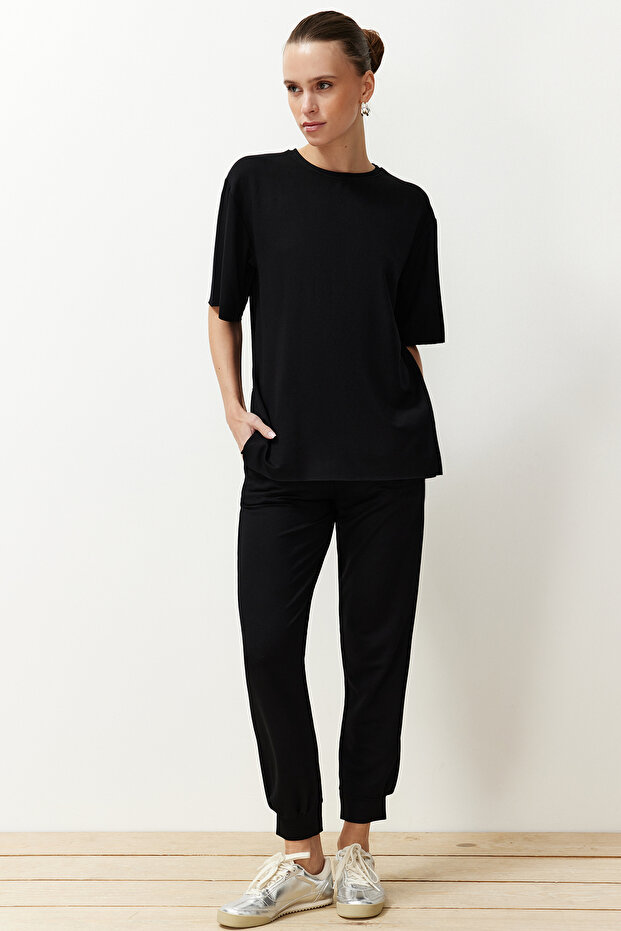 Siyah Bisiklet Yaka Kısa Kol Basic Jogger Örme Bluz Pantolon Alt-Üst Takım TWOSS24AU00120 - 6