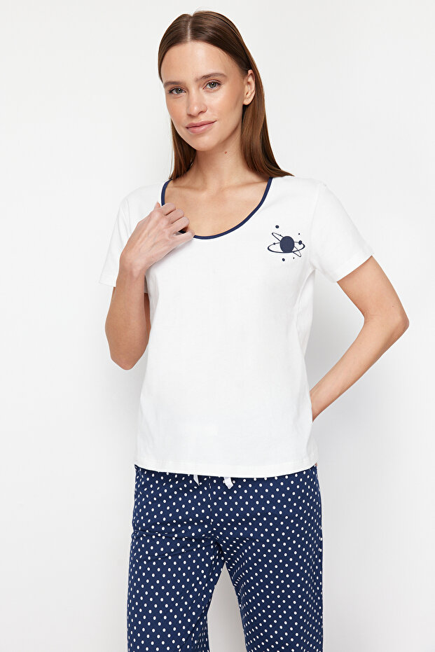 Beyaz-Çok Renkli Pamuklu Puantiyeli Örme Pijama Takımı THMSS24PT00323 - 2