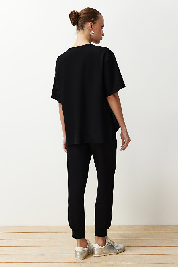 Siyah Bisiklet Yaka Kısa Kol Basic Jogger Örme Bluz Pantolon Alt-Üst Takım TWOSS24AU00120 - 9