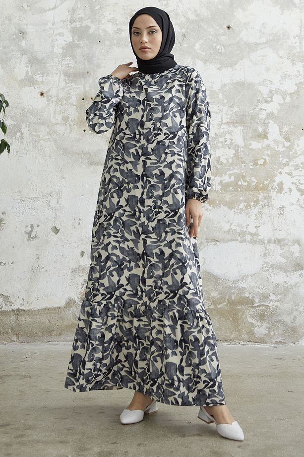 Lilyum Desenli Gofre Elbise - Siyah - 4