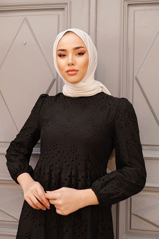 1073 Dantelli Elbise Siyah - 2