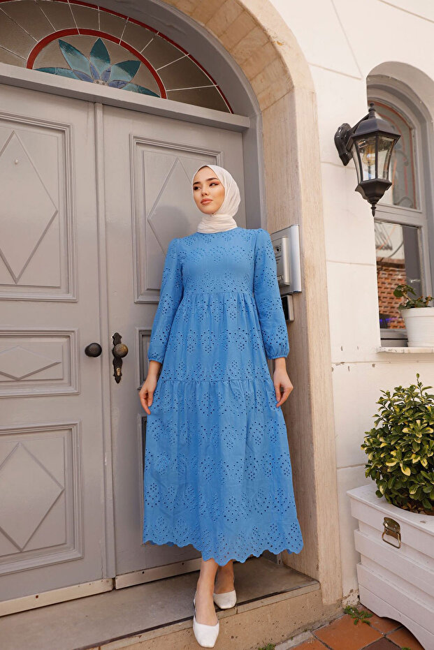 1073 Dantelli Elbise İndigo - 3