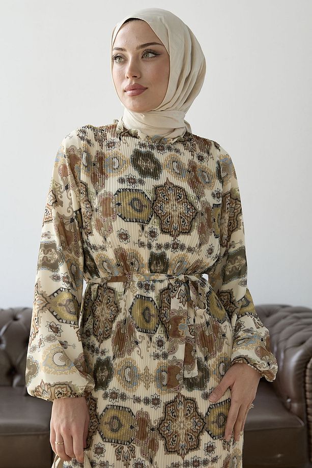 Piliseli Şal Desen Şifon Elbise - Haki - 6