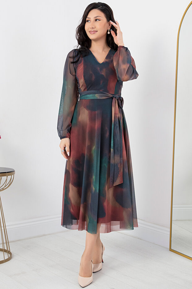 V Yaka Kuşaklı Tül Elbise AP-123 - 4