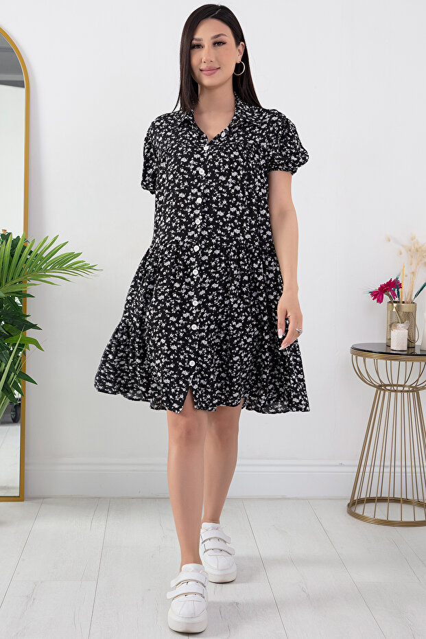 Volanlı Düğmeli Kısa Elbise 23707 - 3