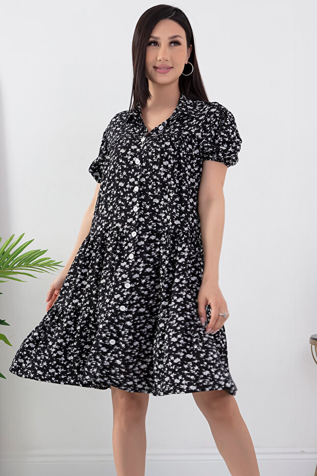 Volanlı Düğmeli Kısa Elbise 23707 - 2