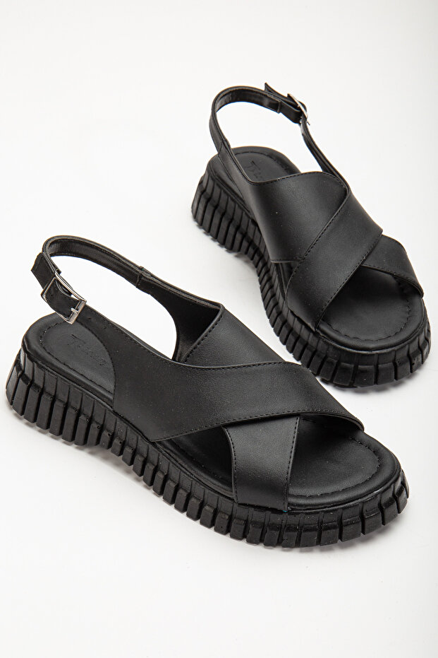 Women's Black Ankle Strap Cross Strap Poly High Sole Sandals