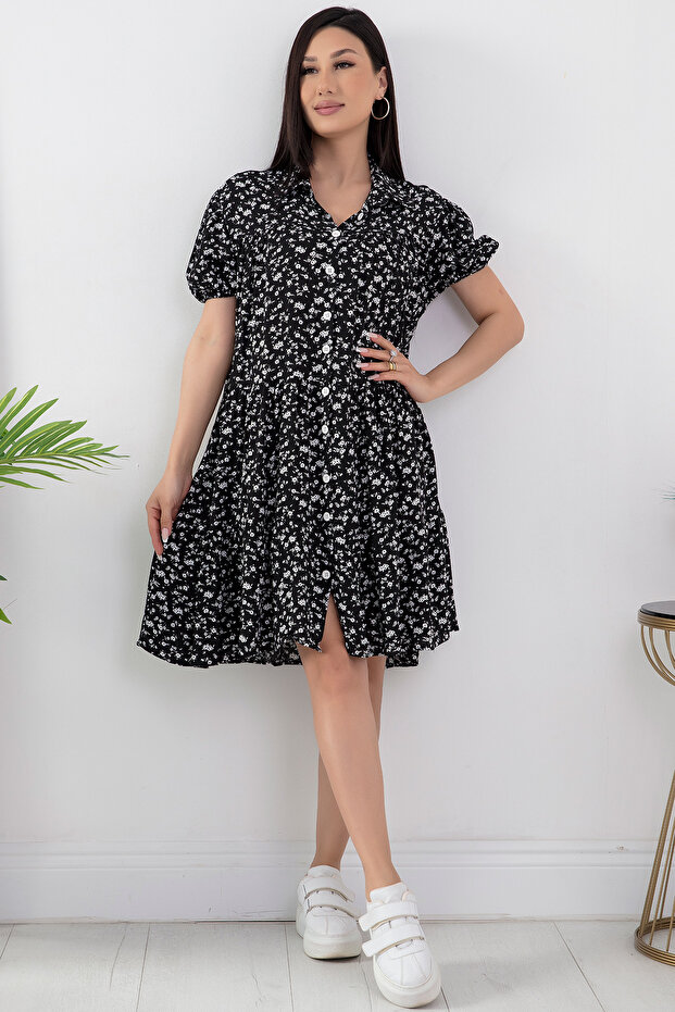 Volanlı Düğmeli Kısa Elbise 23707 - 5