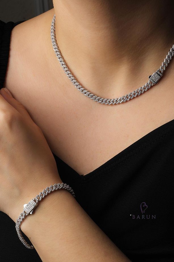Kalın Zincir Kolye Bileklik Set 925 Ayar Gümüş Zirkon Taş Rose Zincir Set - 1