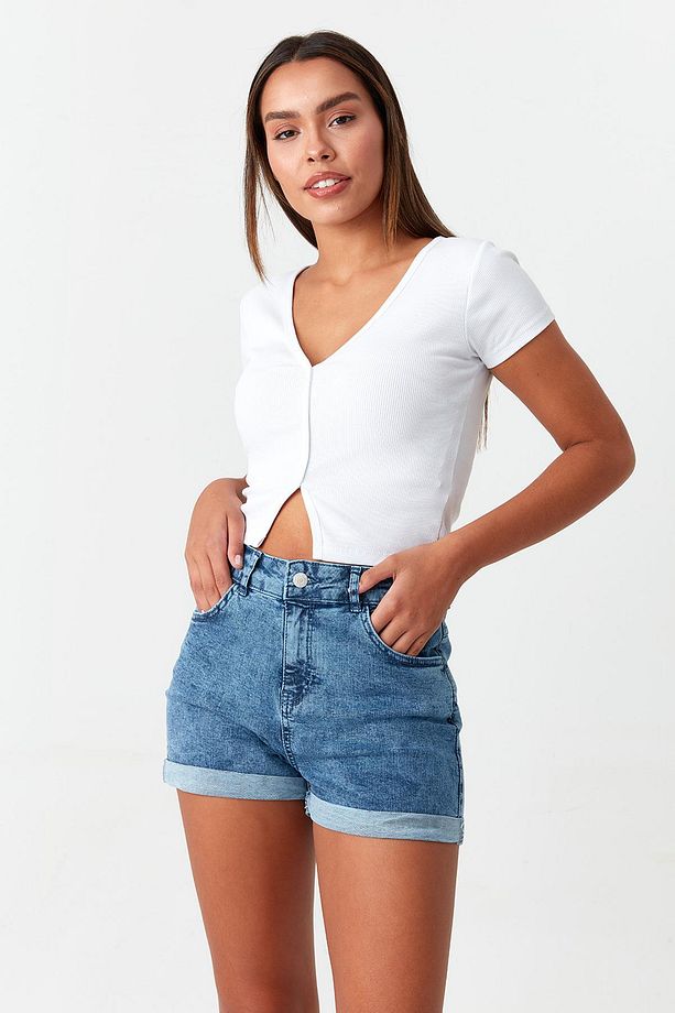 Kadın Mavi Denim Mini Şort - 3