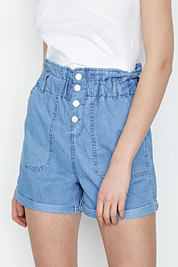 Kadın Mavi Beli Lastikli Denim Şort - 4