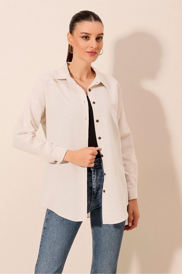 Kadın Krem Düz Oversize Uzun Basic Gömlek 3900 - 4