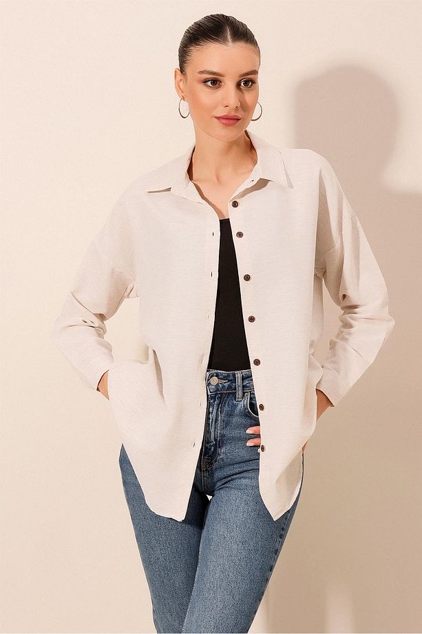 Kadın Krem Düz Oversize Uzun Basic Gömlek 3900 - 5
