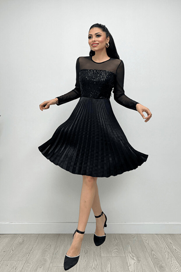 Üst Payet Alt Pliseli Midi Elbise - SİYAH - 4