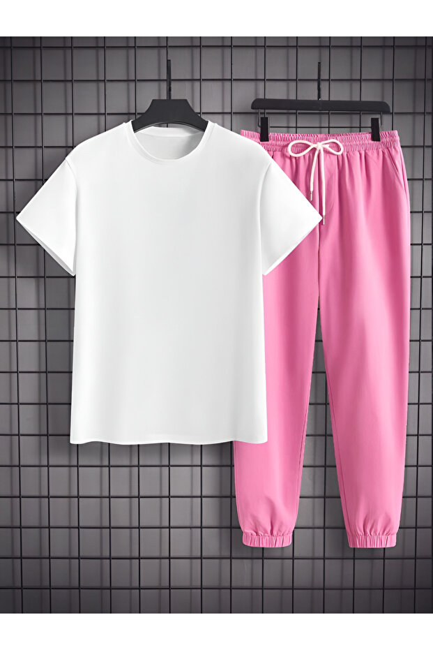 ZMIANA NADRUKOWANEGO RÓŻOWEGO BIAŁEGO DÓŁ GÓRY KOMPLET T-SHIRT&JOGGER - 2