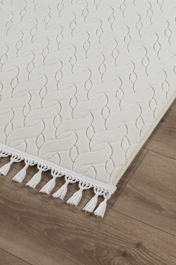 Oslo Mns Premium Yıkanabilir Kaymaz Tabanlı Saçaklı Kesme Rulo Halı Yolluk Krem 4001 - 2