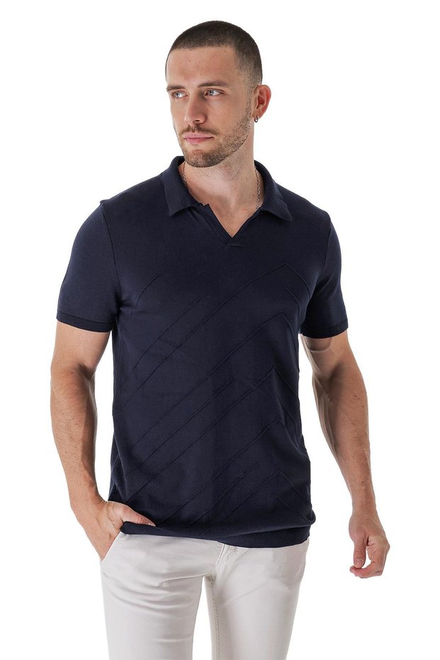Men's Polo Neck Knit Detailed Cotton Thin Sports Knitwear T-shirt Navy Blue 23s2010