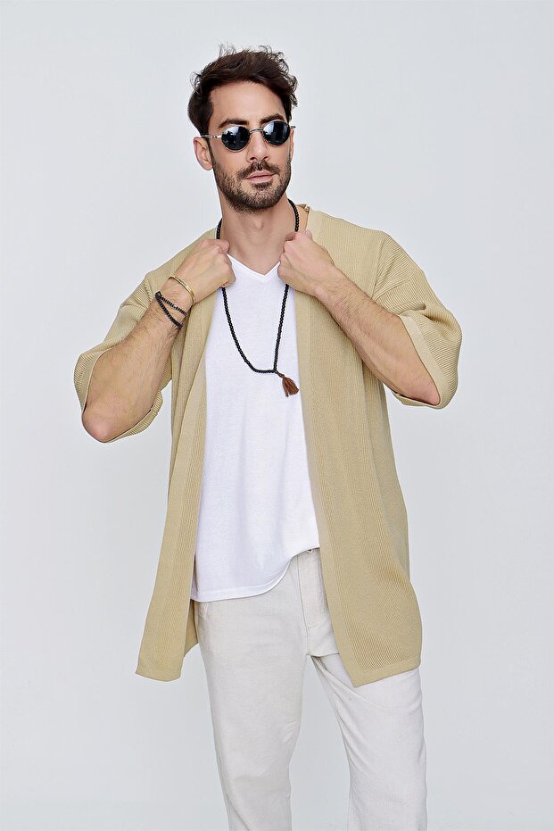 Men's Comfortable Fit Knitwear Kimono Tan 22sm211