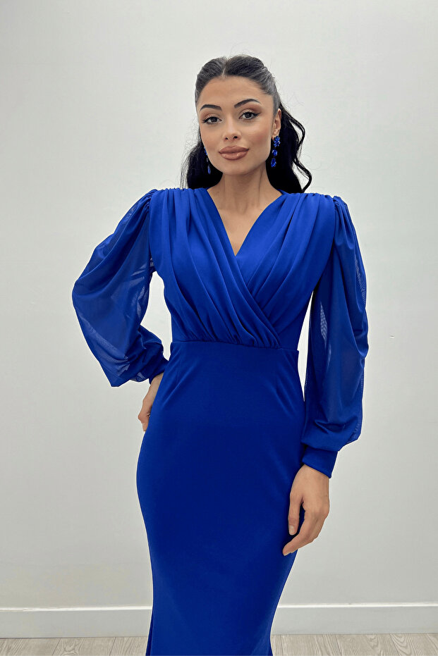 Crepe Fabric Double Breasted Collar Fishnet Dress - COBALT BLUE BLUE
