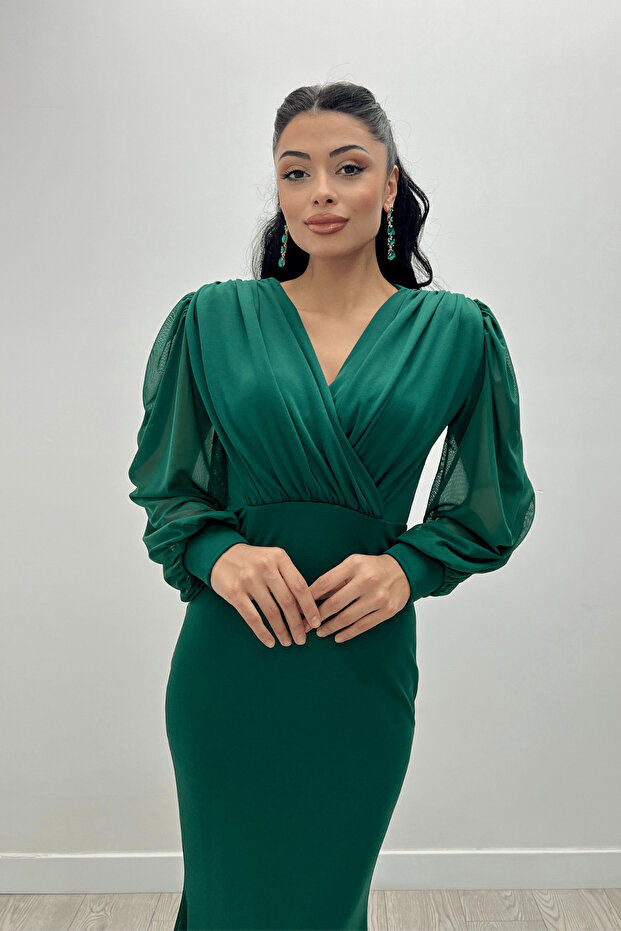 Crepe Fabric Double Breasted Collar Fish Dress Emerald Green
