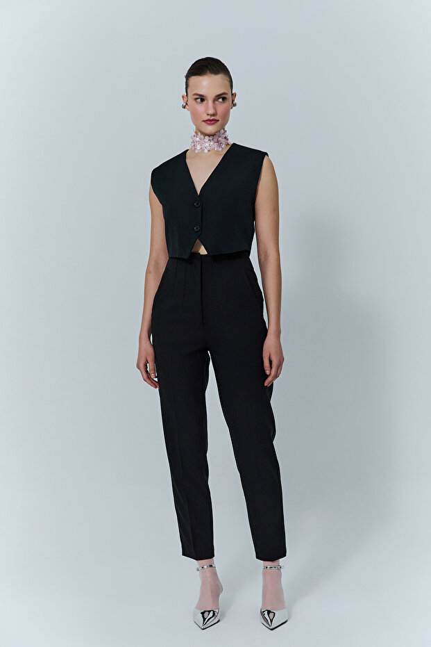 Collet Detailed High Waist Trousers Black