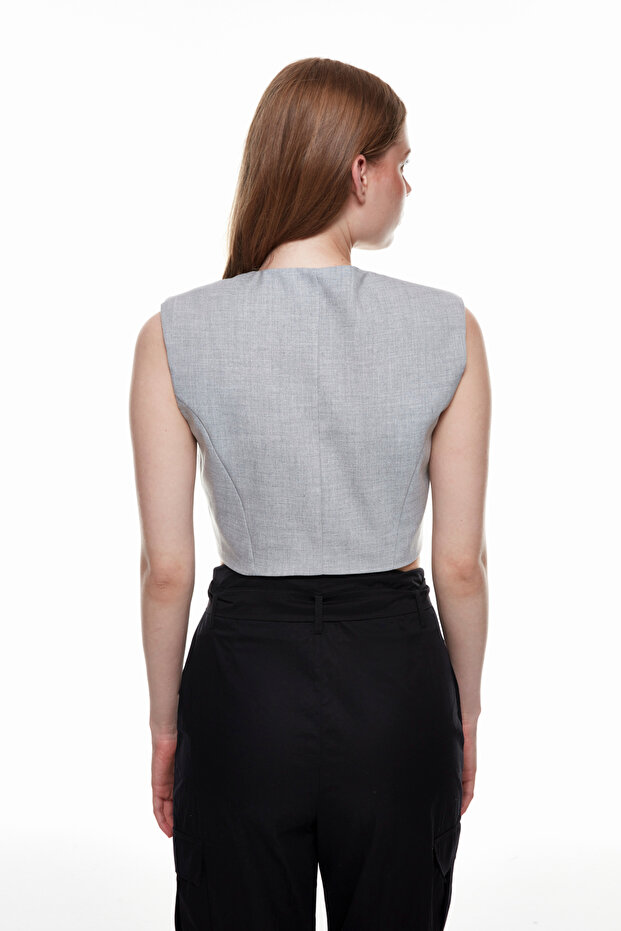 سترة سترة مفصلة زر رمادي فاتح - 5