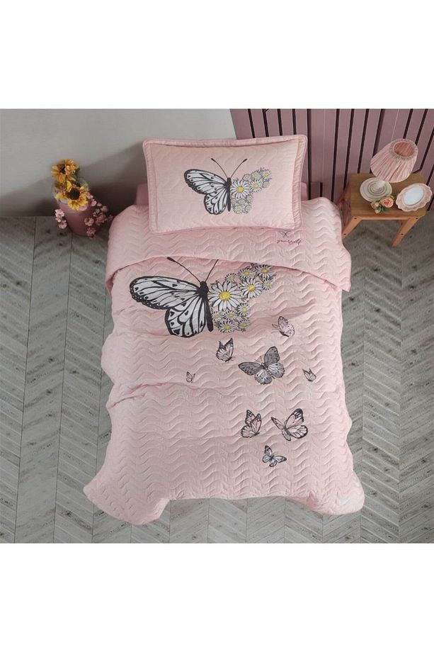 Ranforce 100% Pamuk Kapitoneli Tek Kişilik Yatak Örtüsü Takımı Daisy Love Somon - 1