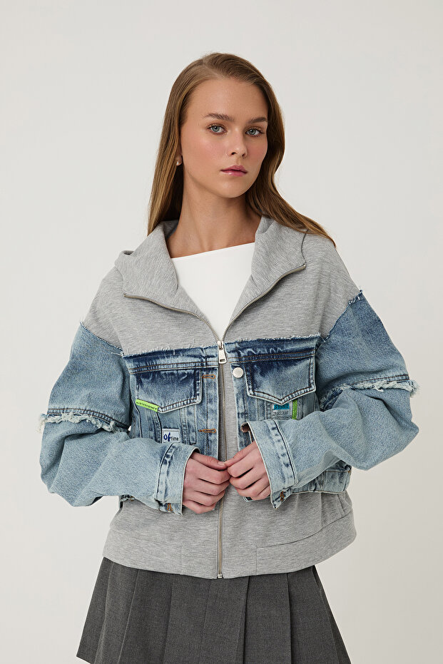 Garni Detailed Hooded Denim Jacket Blue