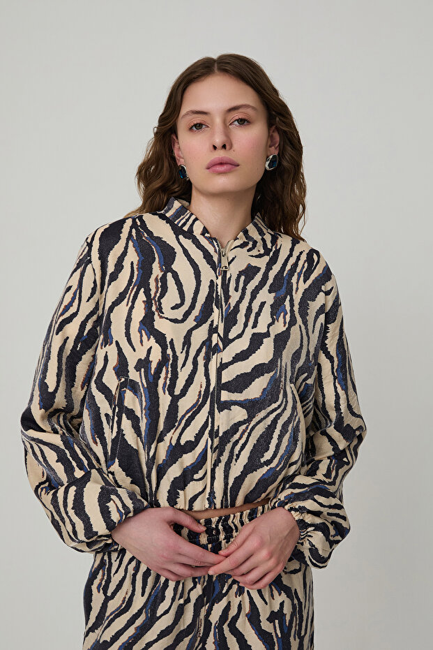 Shiny Patterned Bomber Jacket Beige - 1