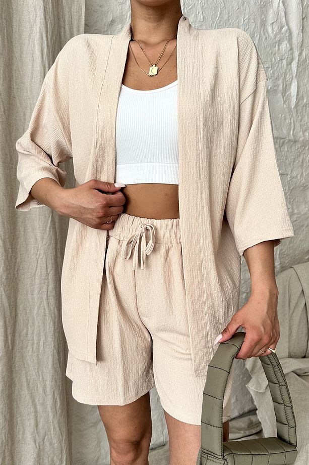Kadın Bej Kimono Gömlek Şort Alt Üst Takım - 2