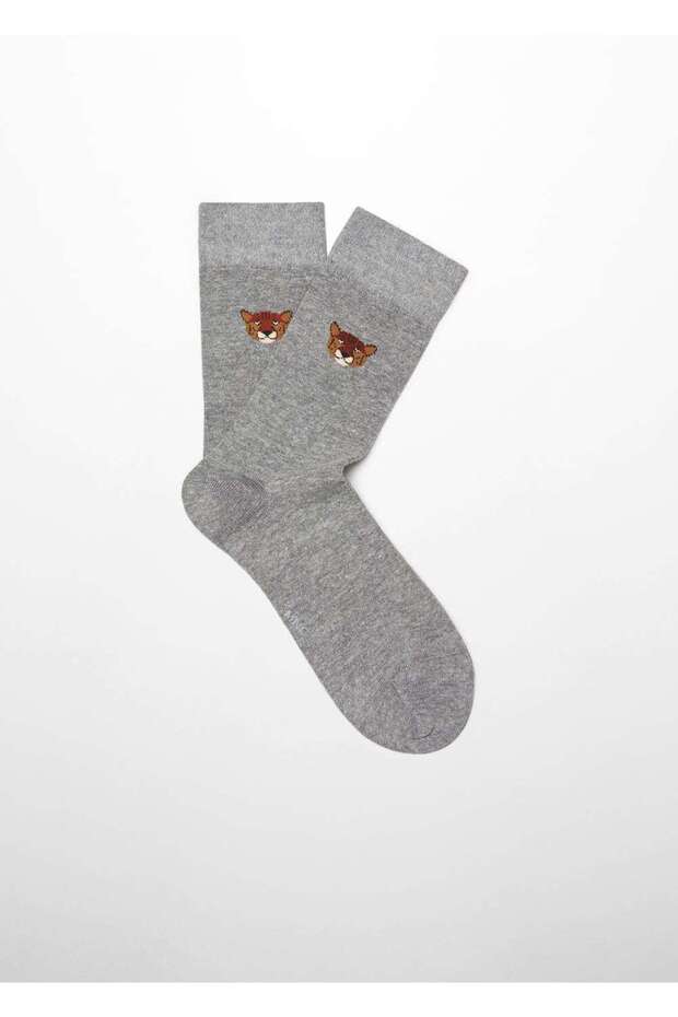 Hayvan Deseni Işlemeli Pamuklu Çorap - 1