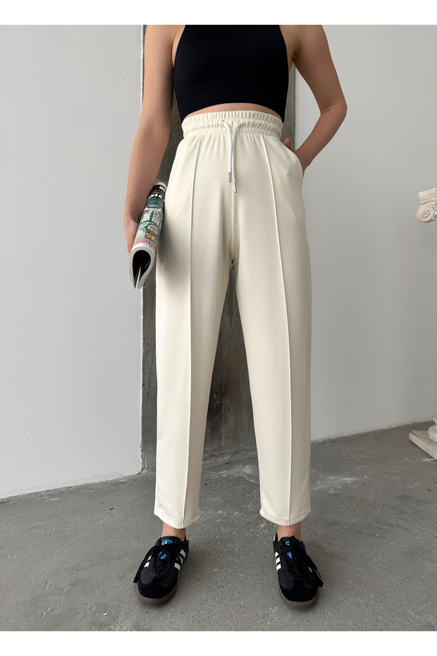 Women's Ecru Modal Mixed Fabric Striped Shalwar Trousers with Elastic Waist Pockets