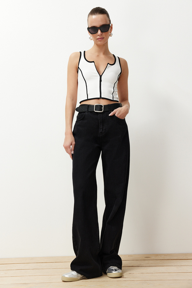 Beyaz Fermuarlı Fitilli Esnek Crop Örme Atlet TWOSS24AL00062 - 3
