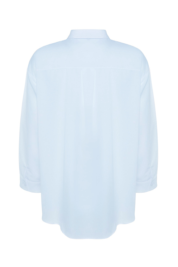 Açık Mavi Loose Fit Basic Pamuklu Uzun Kollu Dokuma Büyük Beden Gömlek TBBSS22GO0319 - 9