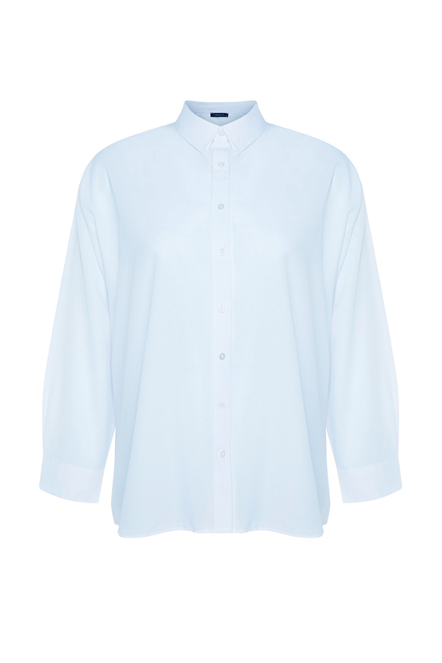 Açık Mavi Loose Fit Basic Pamuklu Uzun Kollu Dokuma Büyük Beden Gömlek TBBSS22GO0319 - 8