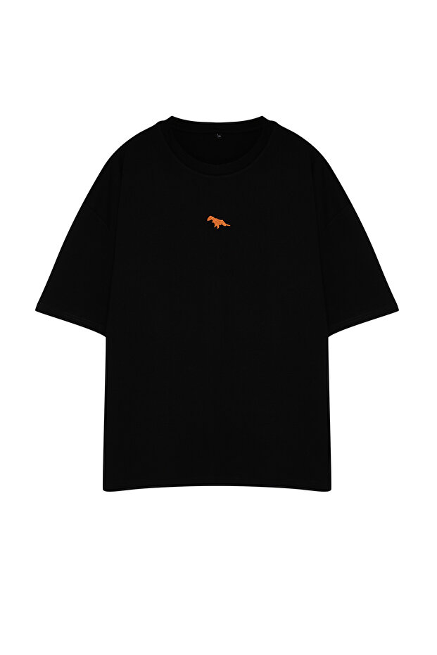 Büyük Beden Siyah Oversize/Geniş Kesim %100 Dinozor Nakışlı T-Shirt TMNSS24BF00013 - 9