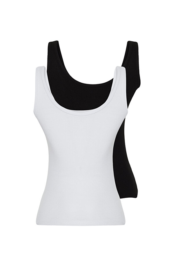 Siyah-Beyaz 2'li Paket Fitted/Vücuda Oturan Havuz Yaka Fitilli Esnek Örme Atlet TWOSS24AL00050 - 15