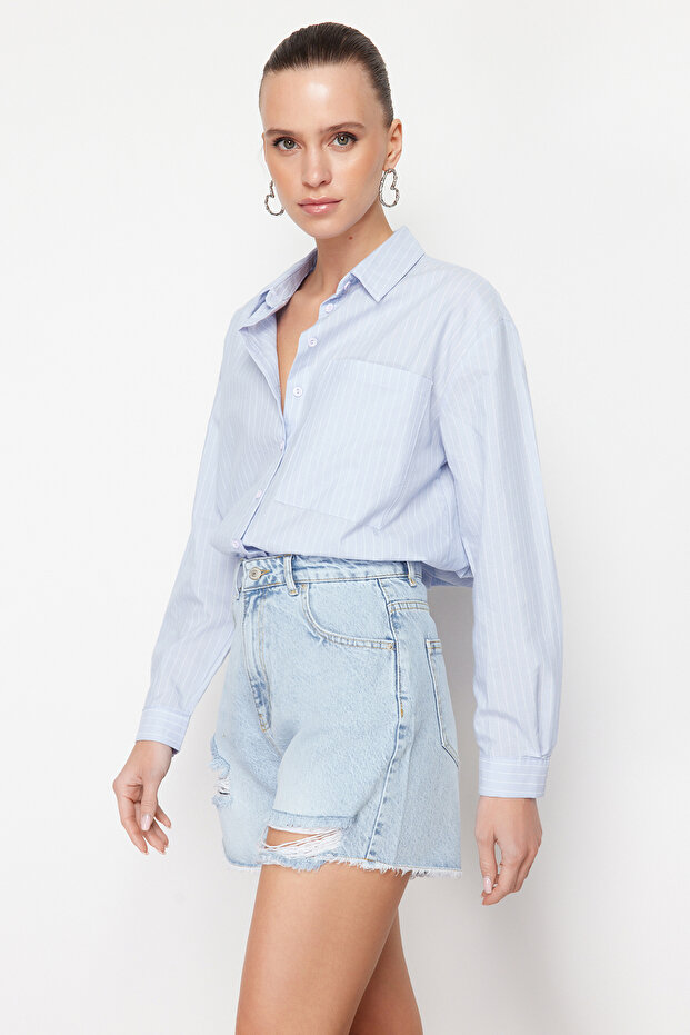 Mavi Yırtıklı Yüksek Bel Denim Şort TWOSS24SR00132 - 3