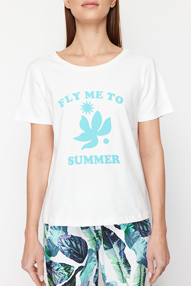 Kolorowy biały kwiatowy wzór bawełniany komplet piżamowy - THMSS24PT00322 - 4